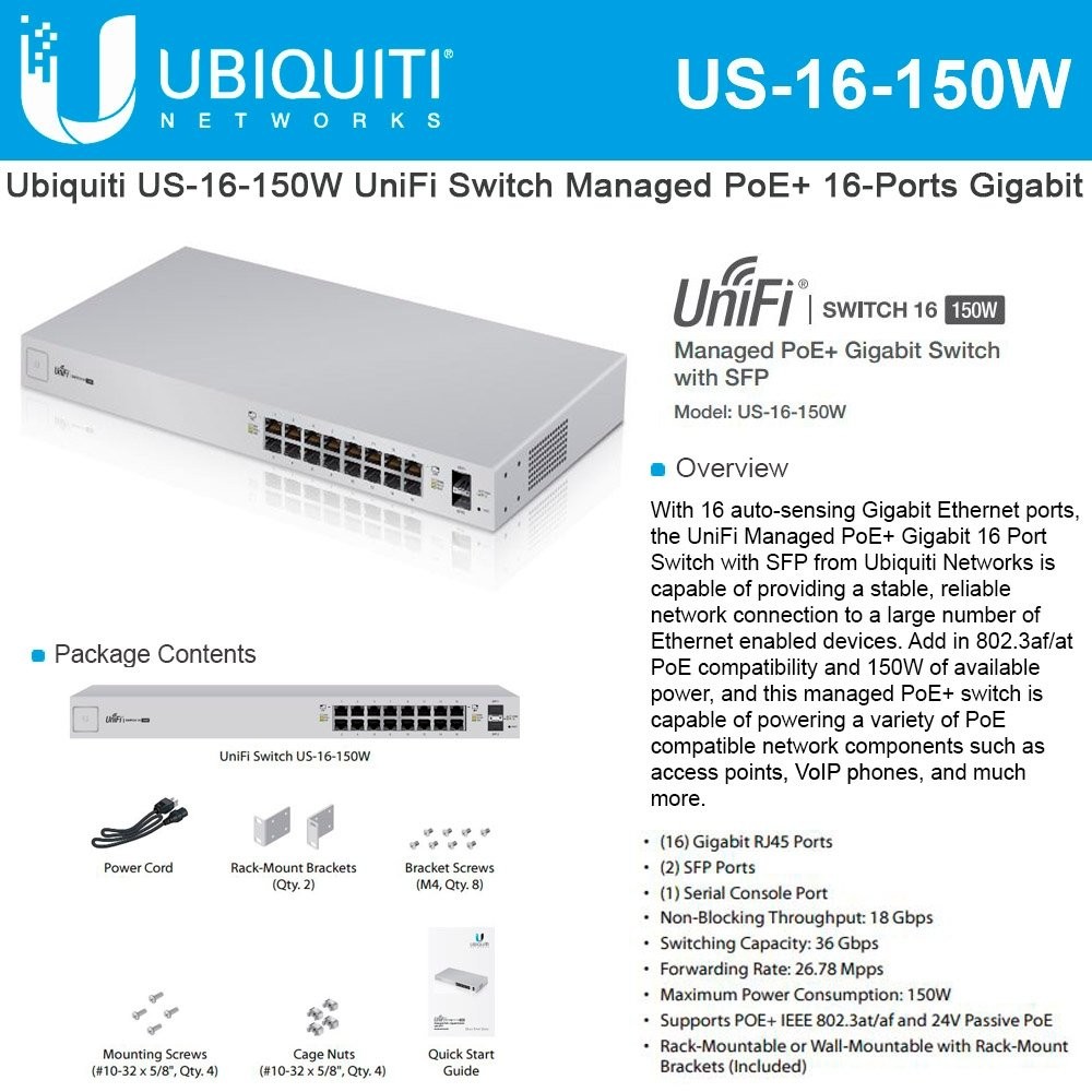 Ubiquiti UniFi Switch US-16-150W - switch - 16 ports - managed