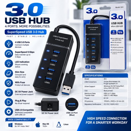 Type-C to USB 3.0 Hub - 4 Port Slim