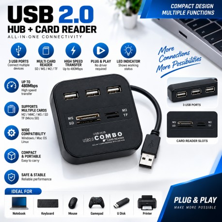USB 2.0 Hub + Card Reader Combo - 3 Port